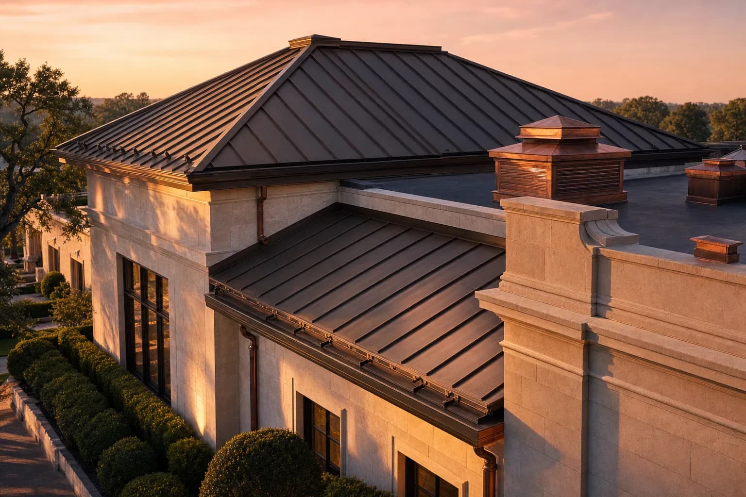 Boutique hotel with a dark bronze standing-seam metal roof