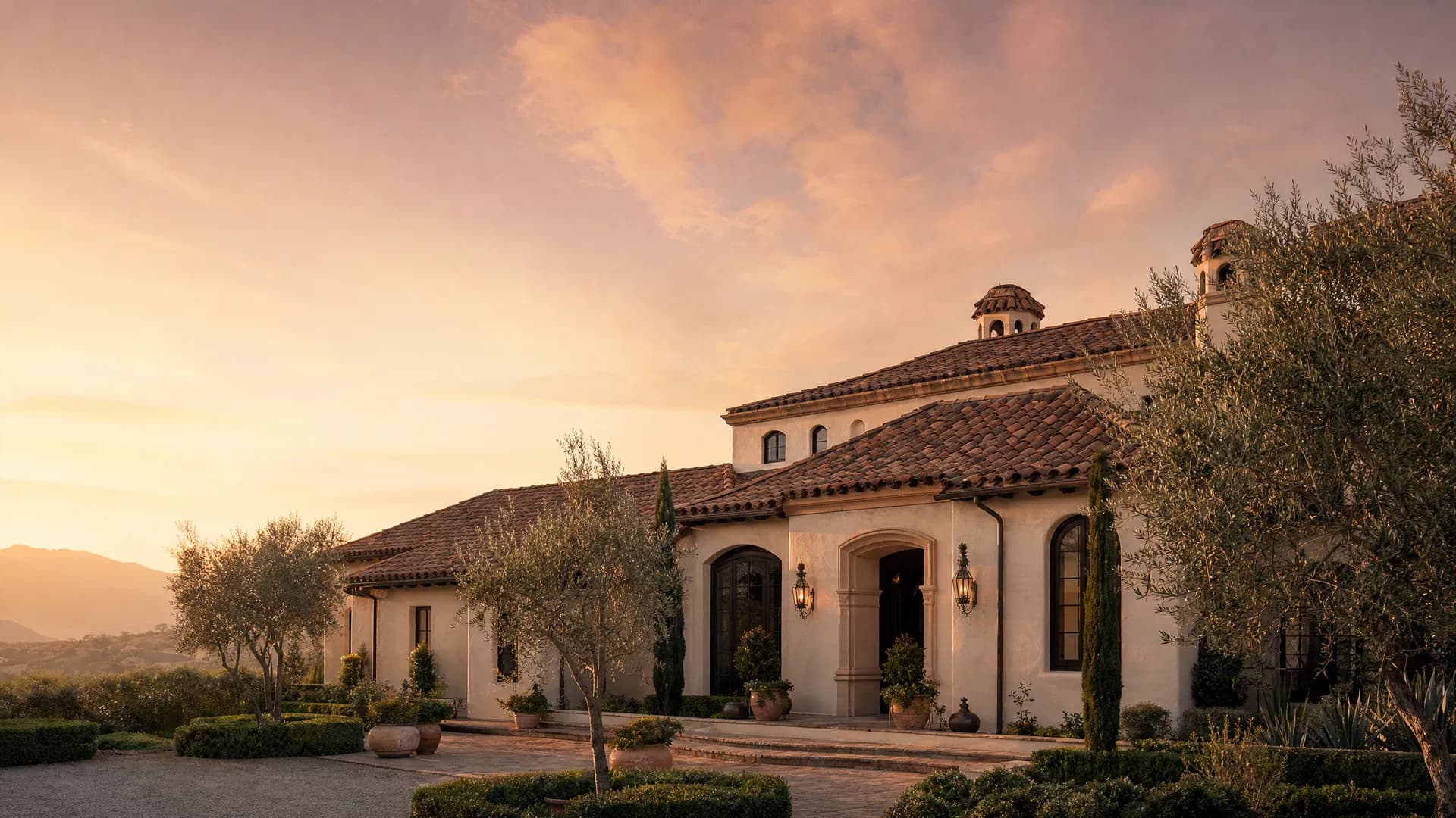 Mediterranean estate at golden hour with a clay tile roof