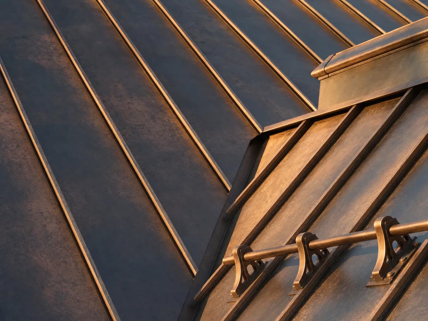 Dark bronze standing-seam metal roof on a boutique hotel