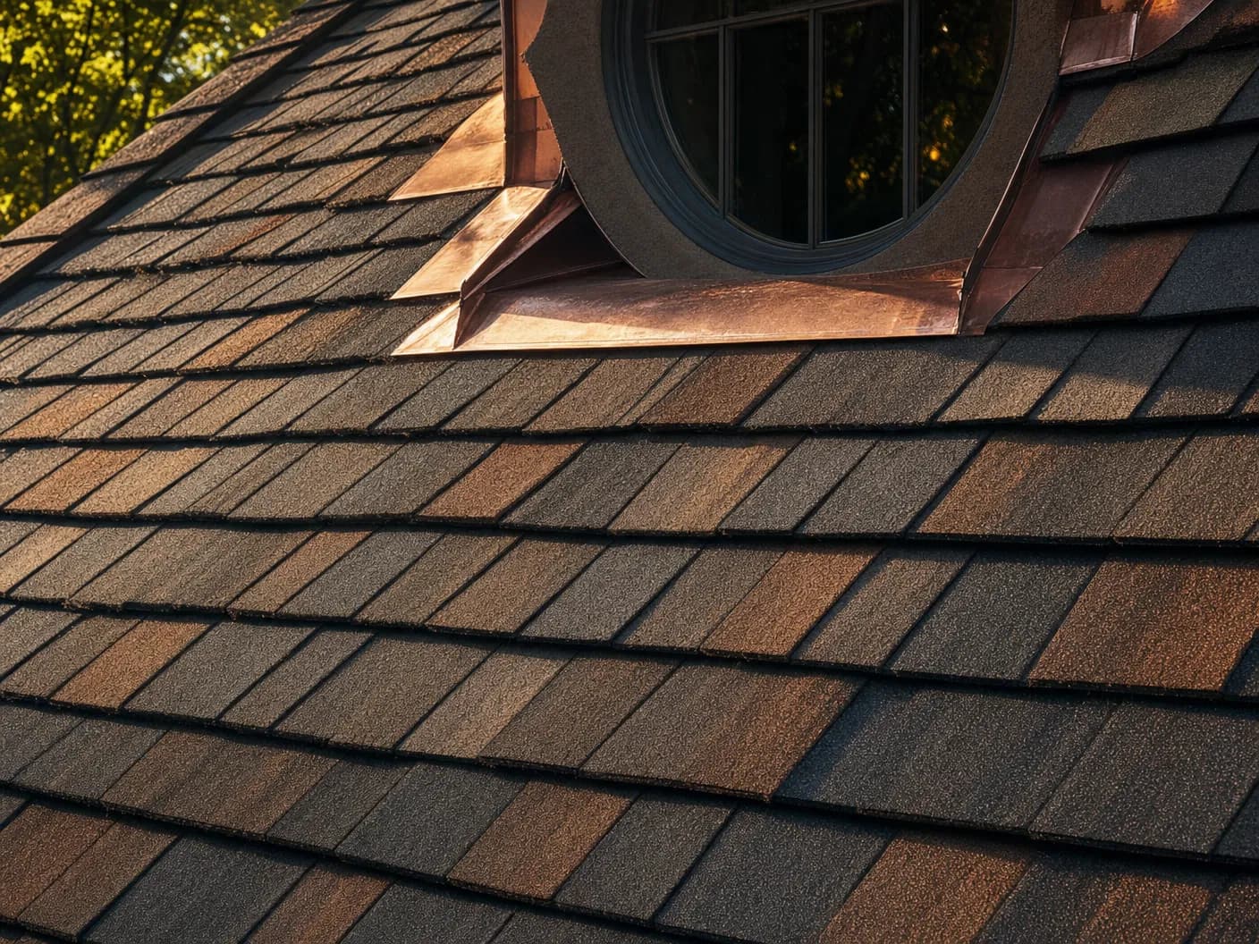 Designer asphalt shingle close-up