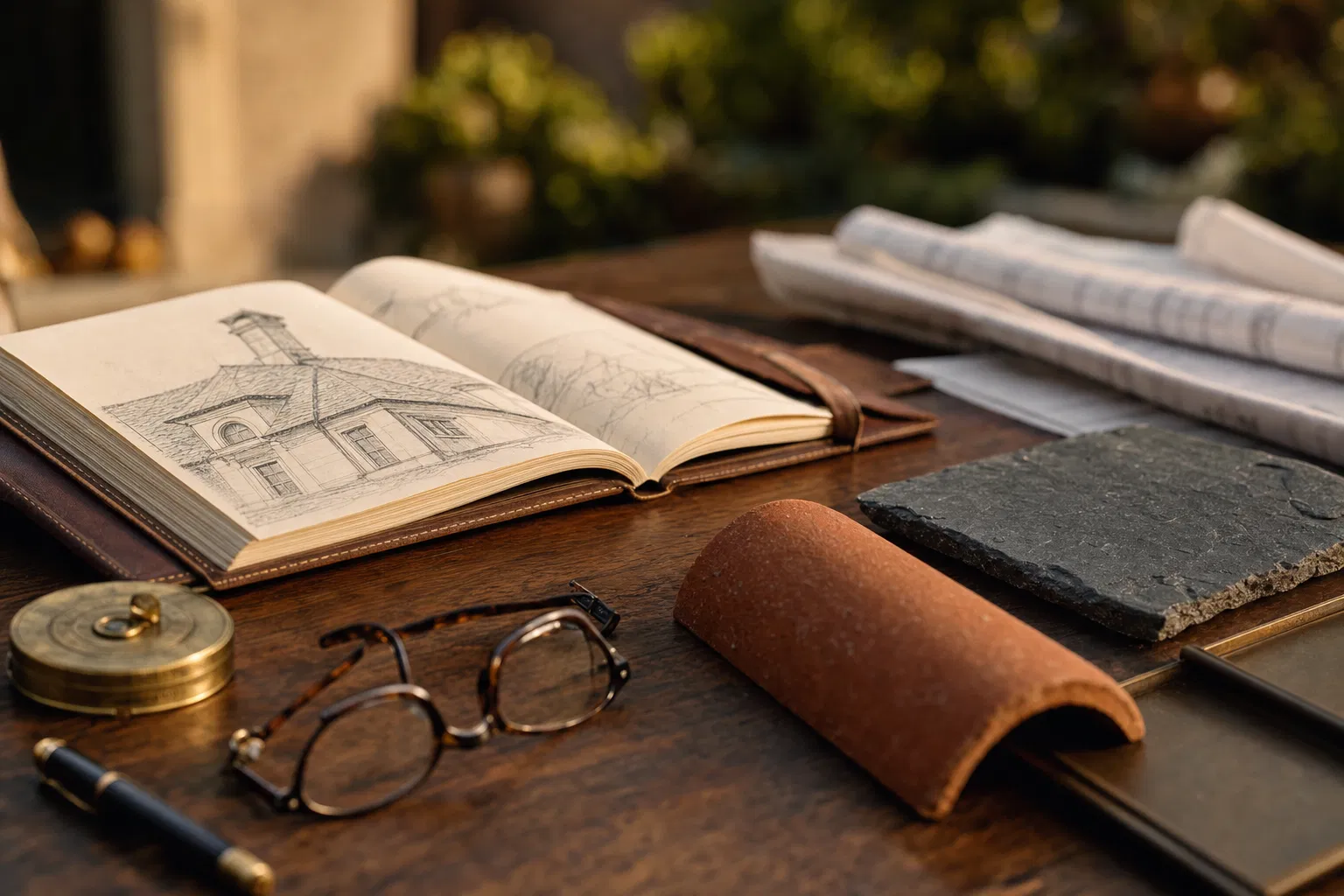 Leather notebook with hand-drawn roof sketches and tile samples