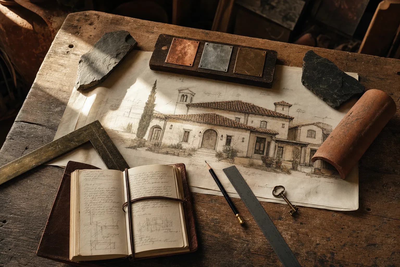 West Roofing studio workshop with sample tiles and drawings